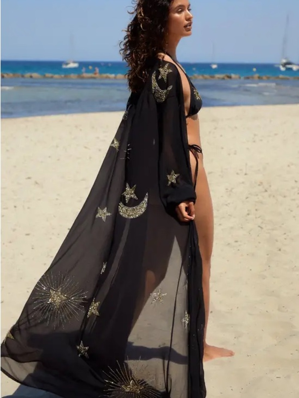 Nasty Gal Celestial Beach Kimono Black Sheer Moon & Star Embellished Cover-Up